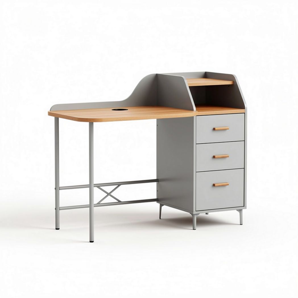 Bureau en bois avec tiroirs et étagères en métal gris 150 x 70 x 75cm
