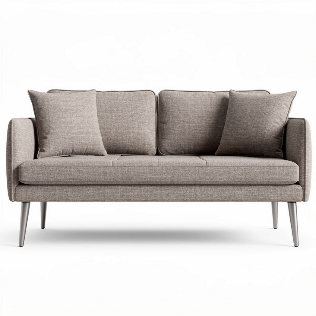 Canapé en tissu beige avec coussins décoratifs trois places dimensions 200 x 90 x 80cm