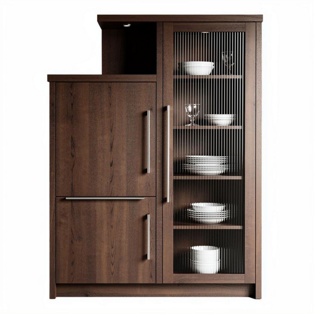 Buffet en bois foncé avec vitrine en verre et éclairage intégré 120 x 45 x 180cm